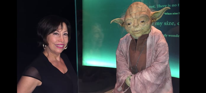Vickie Milazzo and Yoda at the Star Wars Costume Exhibition