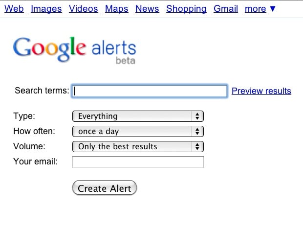 Google Alerts Setup Screen